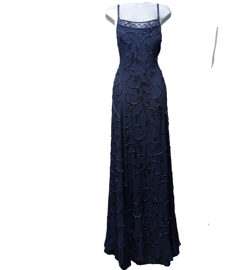 Vintage Silk Beaded Gown Women 20 Floral Blue 90s Maxi Dress Whimsical Y2K Event